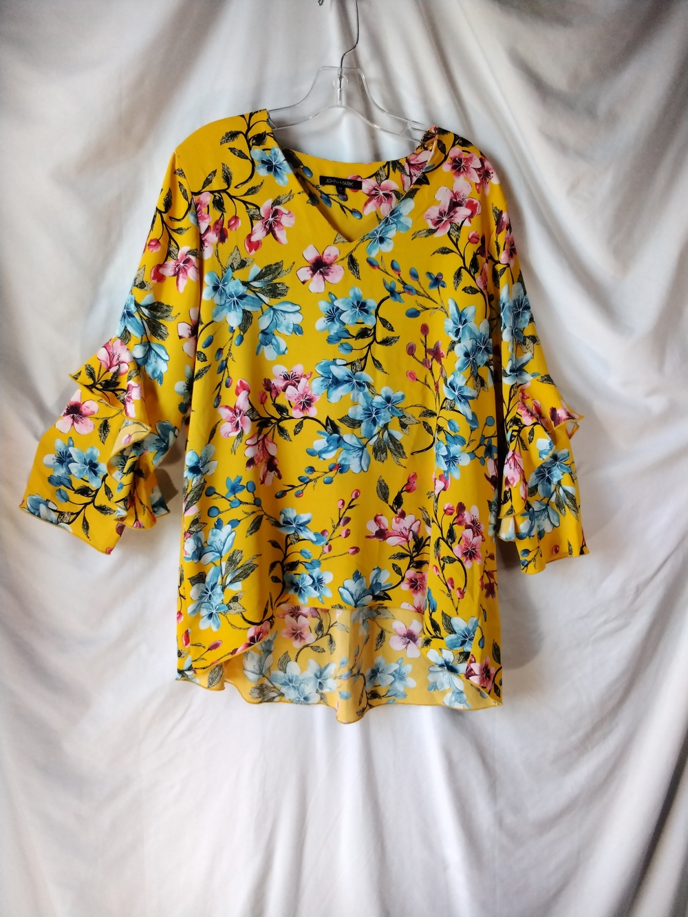 John Mark Yellow Floral V-Neck Tunic with Ruffled Sleeves